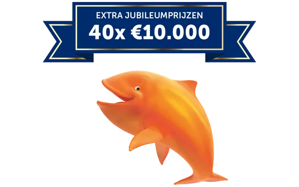 Oranje vis met een banner over extra jubileumprijzen van 40x €10.000.