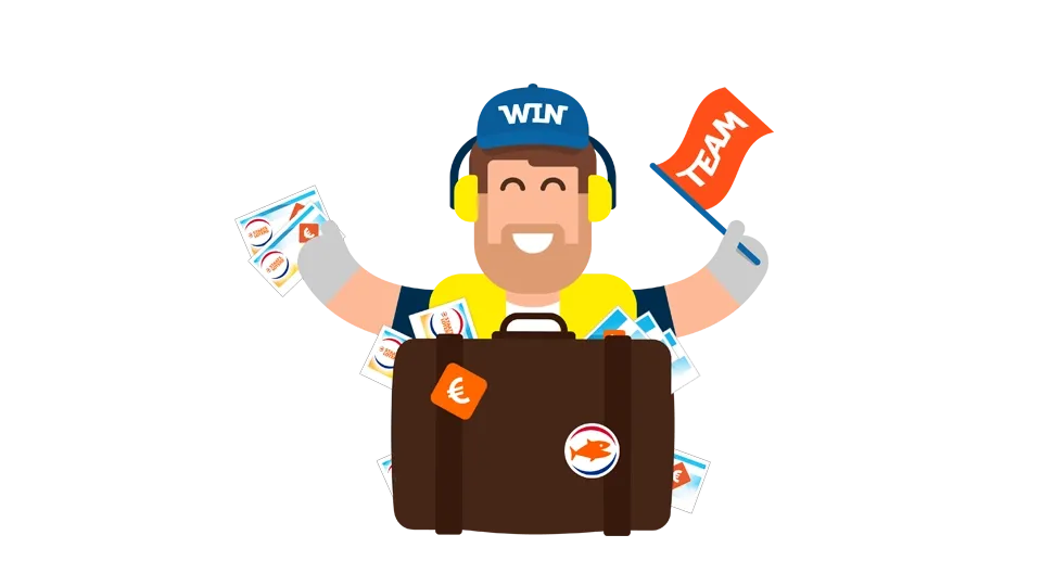 Illustratie van iemand met een koffer vol Staatsloten en een vlag met het woord TEAM.