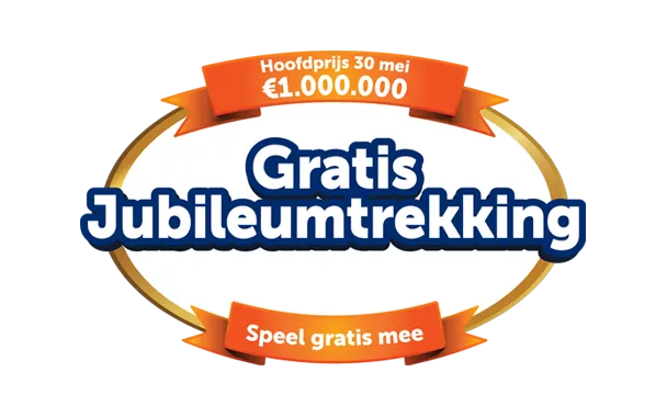 Logo van Gratis Jubileumtrekking met informatie over de Hoofdprijs van €1.000.000 op 30 mei.