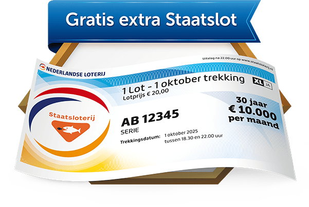 Gratis extra Staatslot voor 1 oktober trekking met informatie over lotprijs en trekkingdatum.