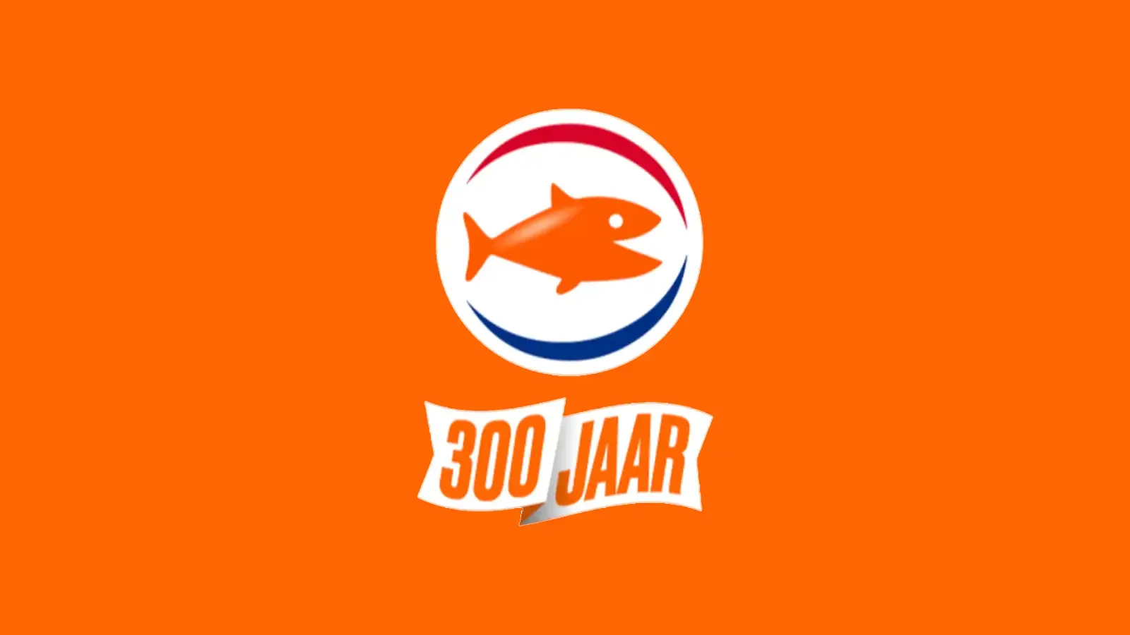 Logo met een oranje vis en de tekst 300 JAAR op een oranje achtergrond.