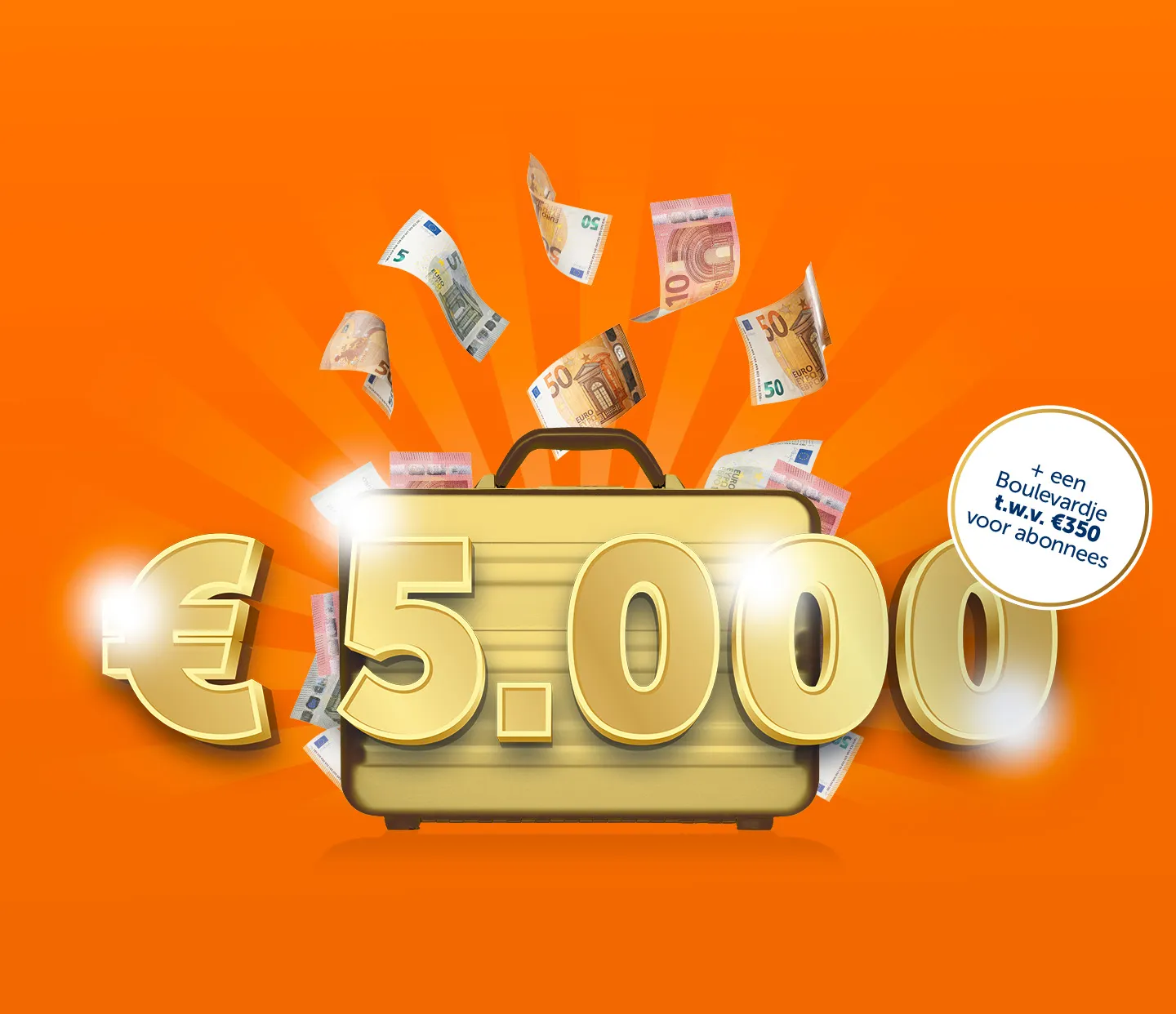 Gouden koffer met geld en tekst € 5.000, reclame voor Boulevarde t.w.v. € 350 voor abonnees.