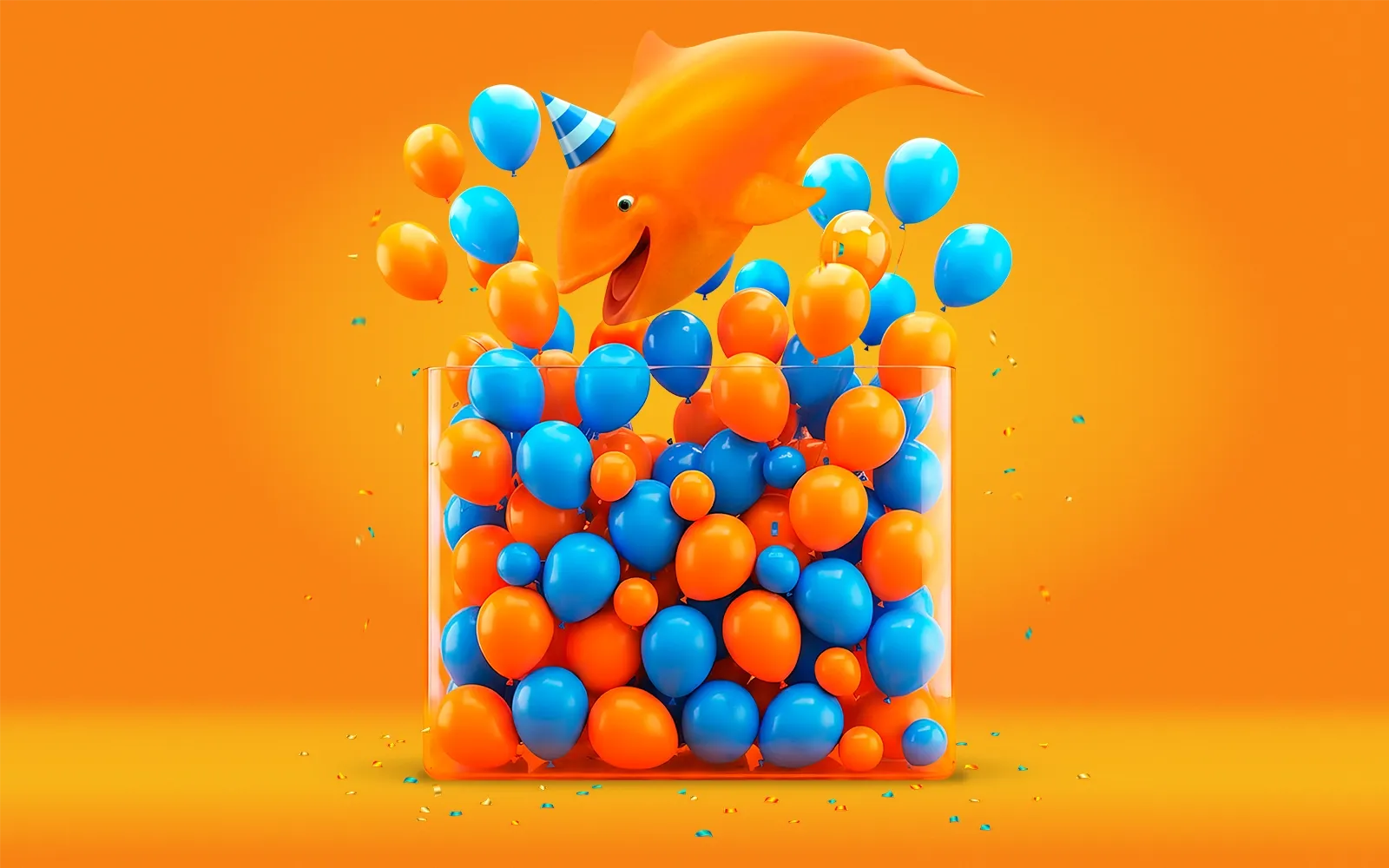 Een feestelijke afbeelding met een oranje vis en ballonnen in blauw en oranje.