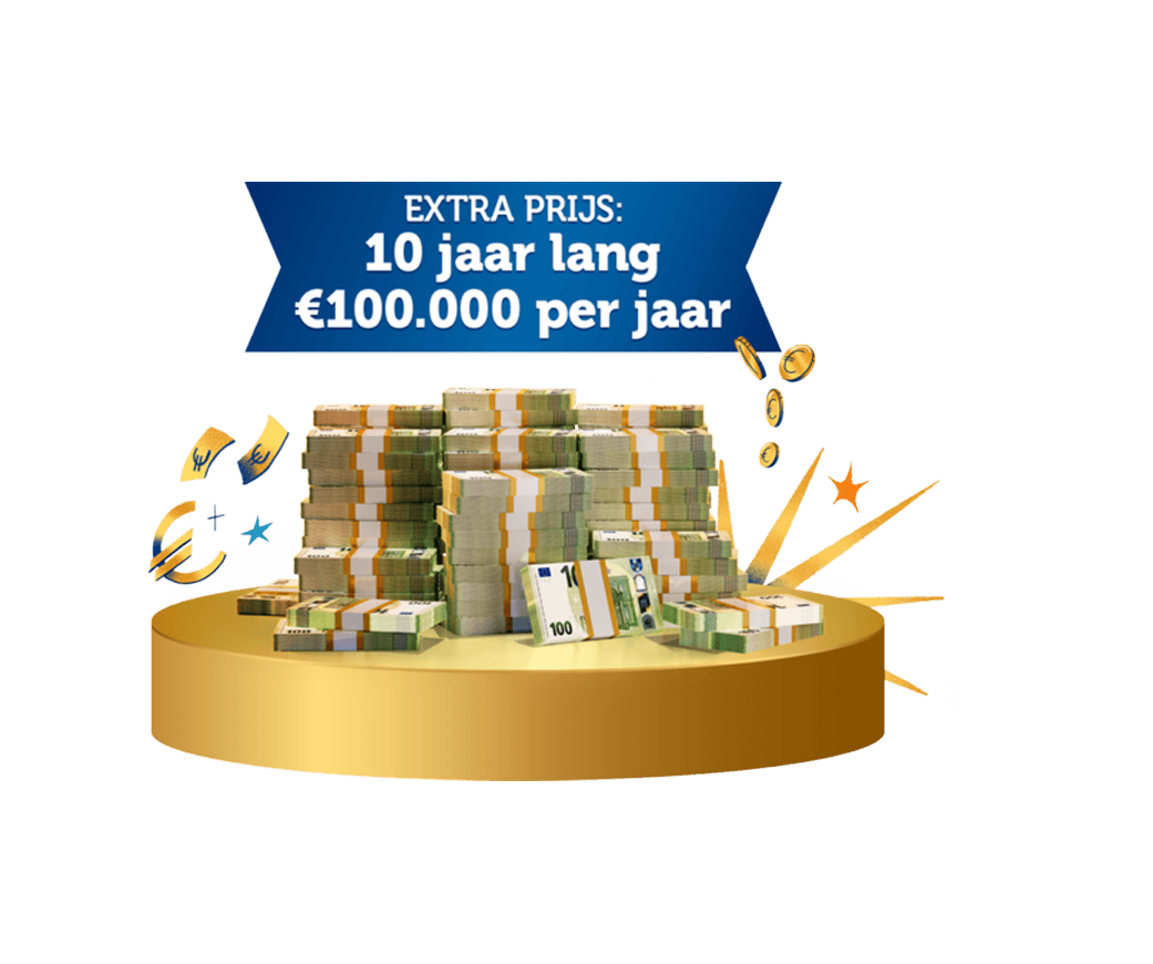 Stapels geld met een banner dat een extra prijs van 10 jaar lang €100.000 per jaar aankondigt.