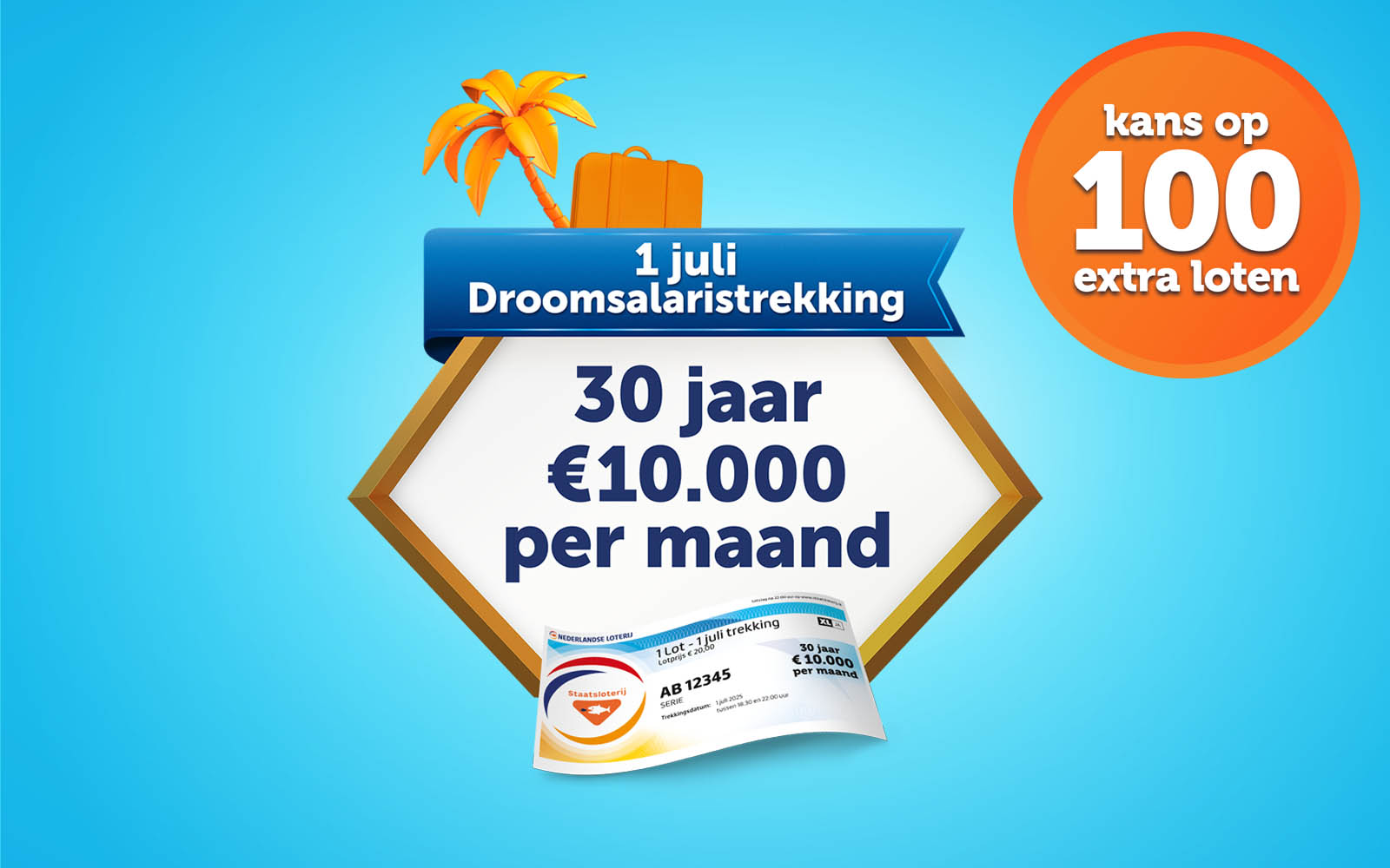 Banner voor de Droomsalaristrrekking met informatie over 30 jaar €10.000 per maand en kans op 100 extra loten.