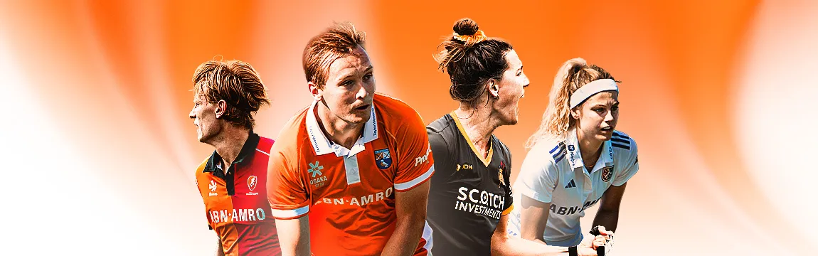 Vier hockeyers van verschillende clubs op een oranje achtergrond