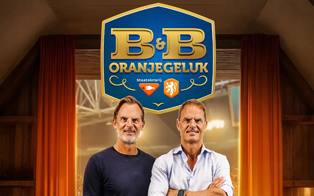 B&B Oranje geluk logo met twee presentatoren.