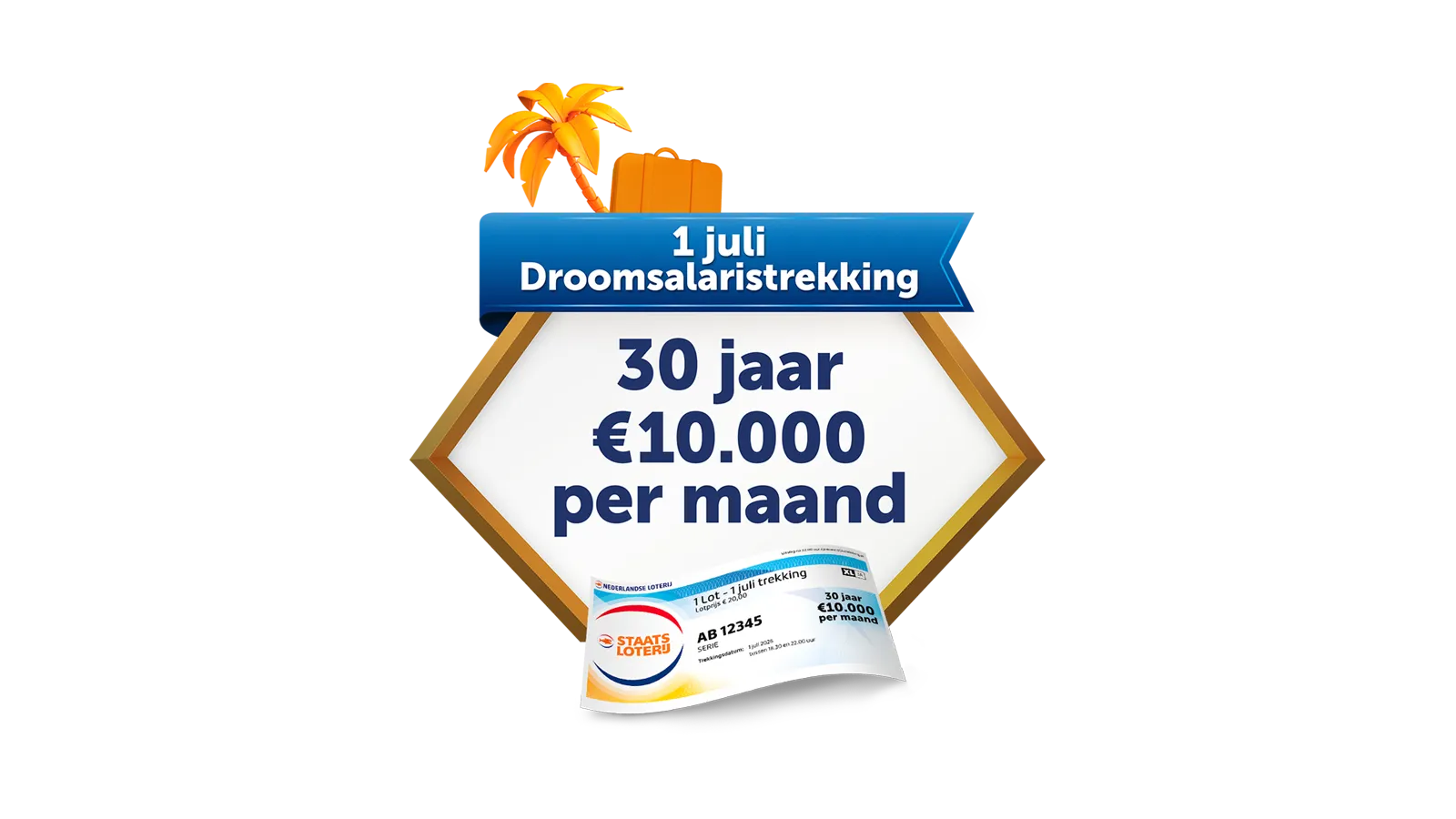 Banner voor 1 juli Droomsalaristrekking met tekst 30 jaar €10.000 per maand