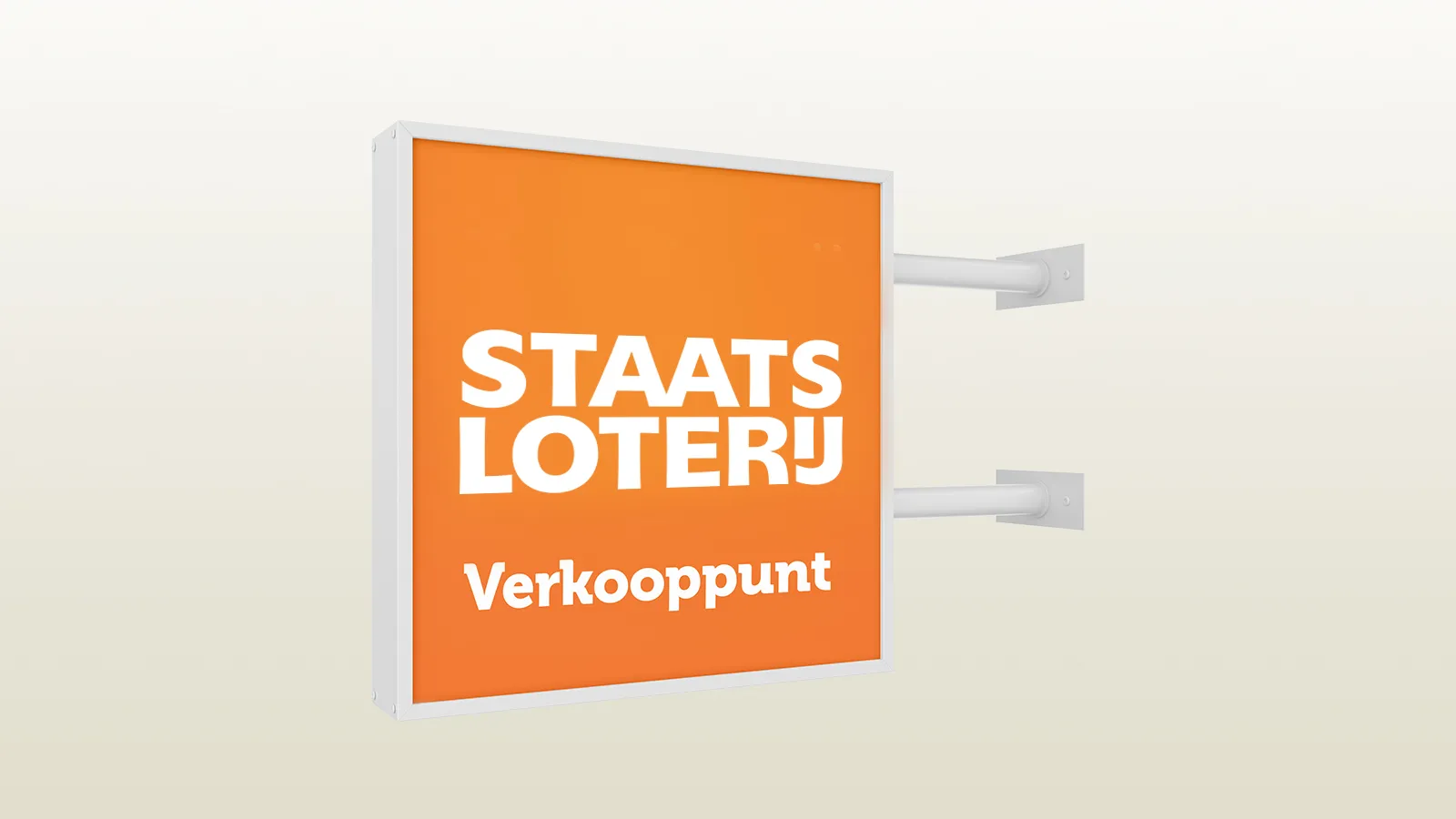 Verkooppunt van Staatsloterij met oranje achtergrond en witte tekst.