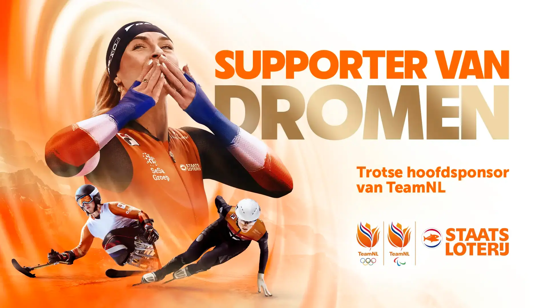 Beeld van sporters in actie met de tekst 'Supporter van Dromen', Staatsloterij als hoofdsponsor van TeamNL.