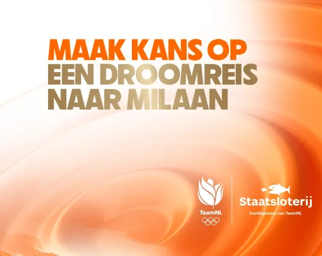 Aankondiging van kans op een droomreis naar Milaan met logo's van TeamNL en Staatsloterij.