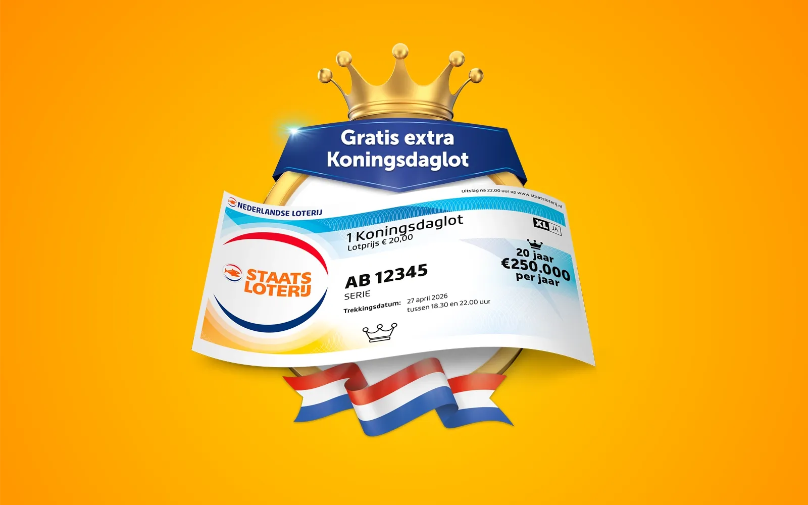 Afbeelding van een 1 Koningsdaglot met een kroon en de tekst 'Gratis extra Koningsdaglot'.