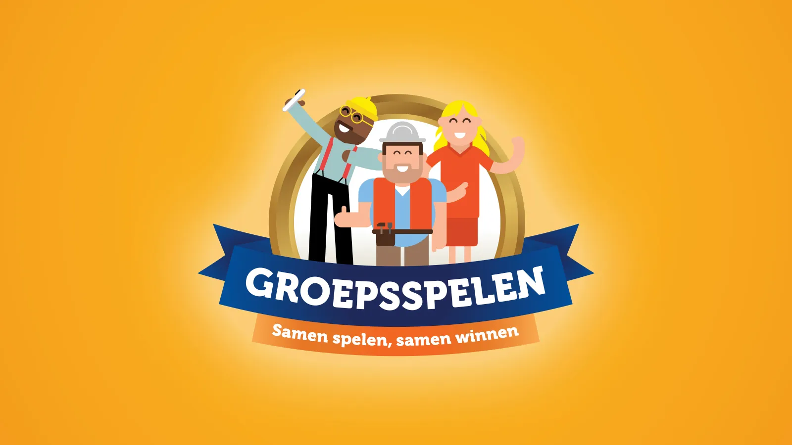 Illustratie van drie vrolijke mensen met de tekst Groepsspelen en de slogan Samen spelen, samen winnen