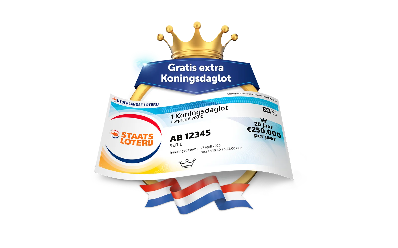Een Koningsdaglot met een kroon en informatie over de lotprijs en trekkingsdatum.