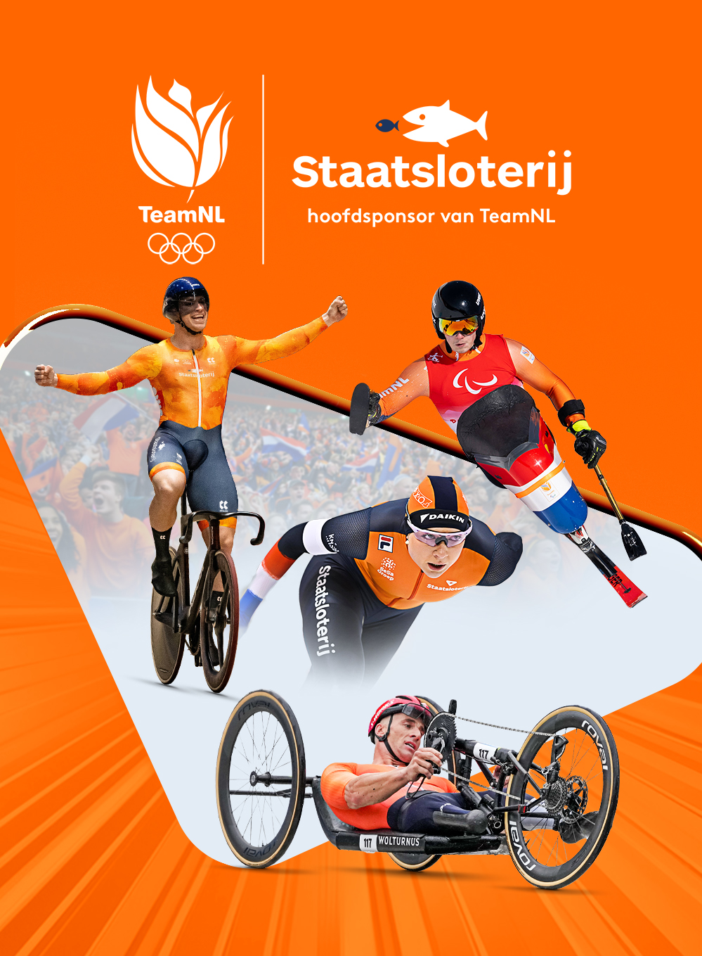 Atleten van TeamNL in actie met logo Staatsloterij