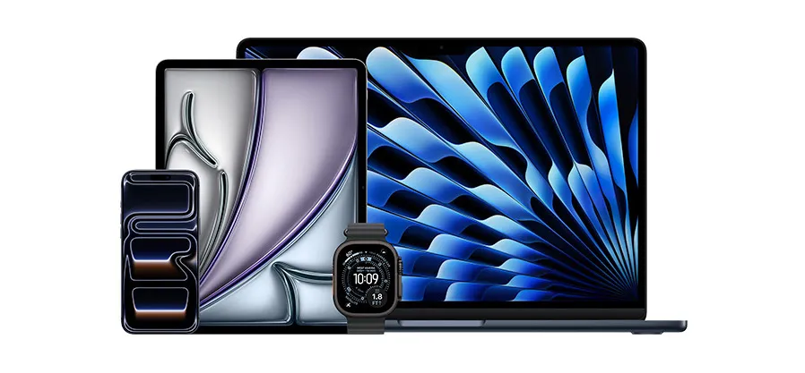 Een laptop, tablet, smartphone en smartwatch op een witte achtergrond.