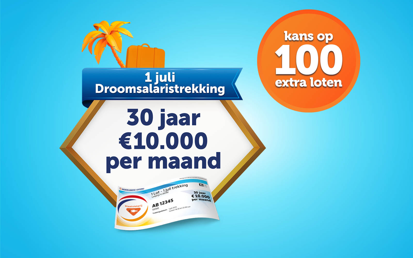 Promotie voor 30 jaar €10.000 per maand met kans op 100 extra loten