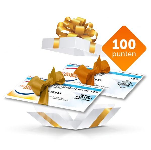 Geopende cadeaubox met twee Staatsloten en een label van 100 punten.