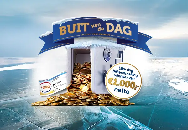 Kast vol gouden munten met tekst BUIT van de DAG, en een melding van dagelijkse winnaar van 1000 netto.