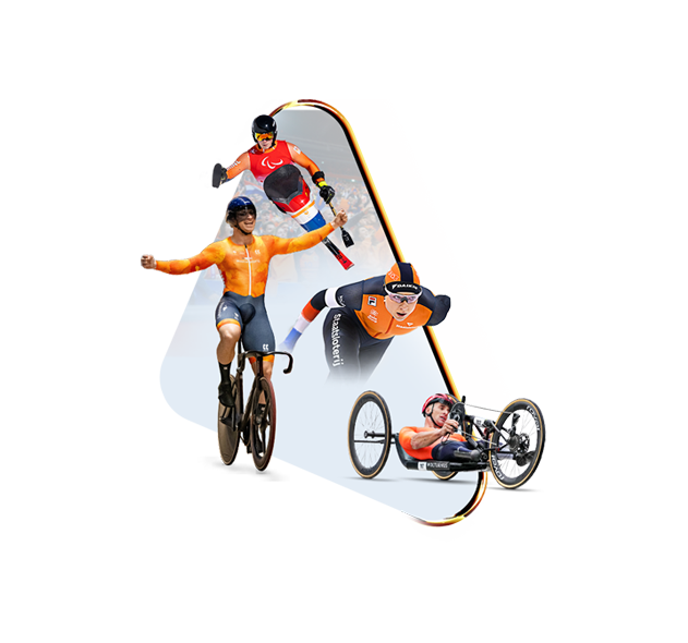 Atleten in oranje outfits tijdens verschillende sporten