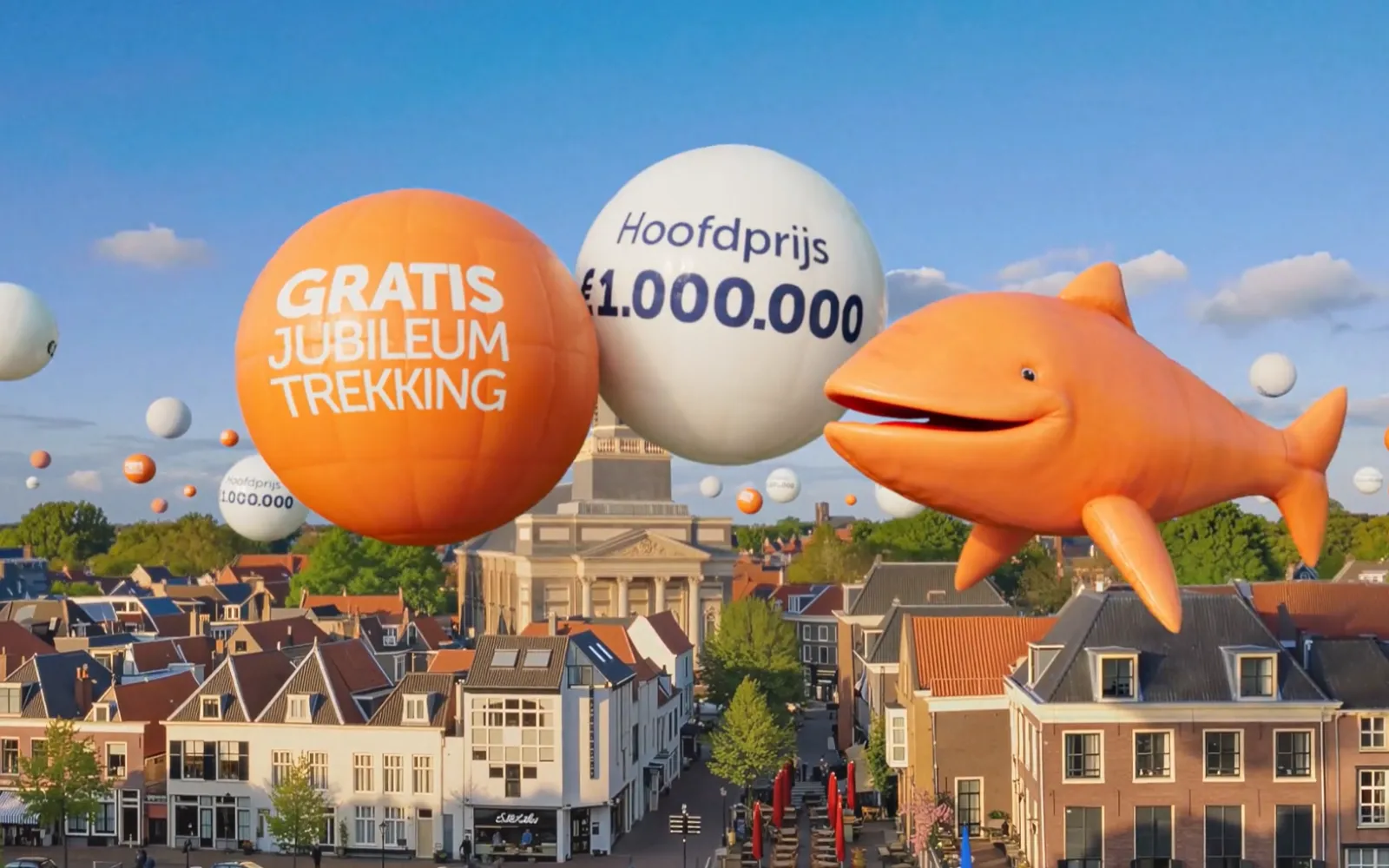Luchtballonnen voor GRATIS JUBILEUM TREKKING en Hoofdprijs €1.000.000 met een oranje vis op de voorgrond.
