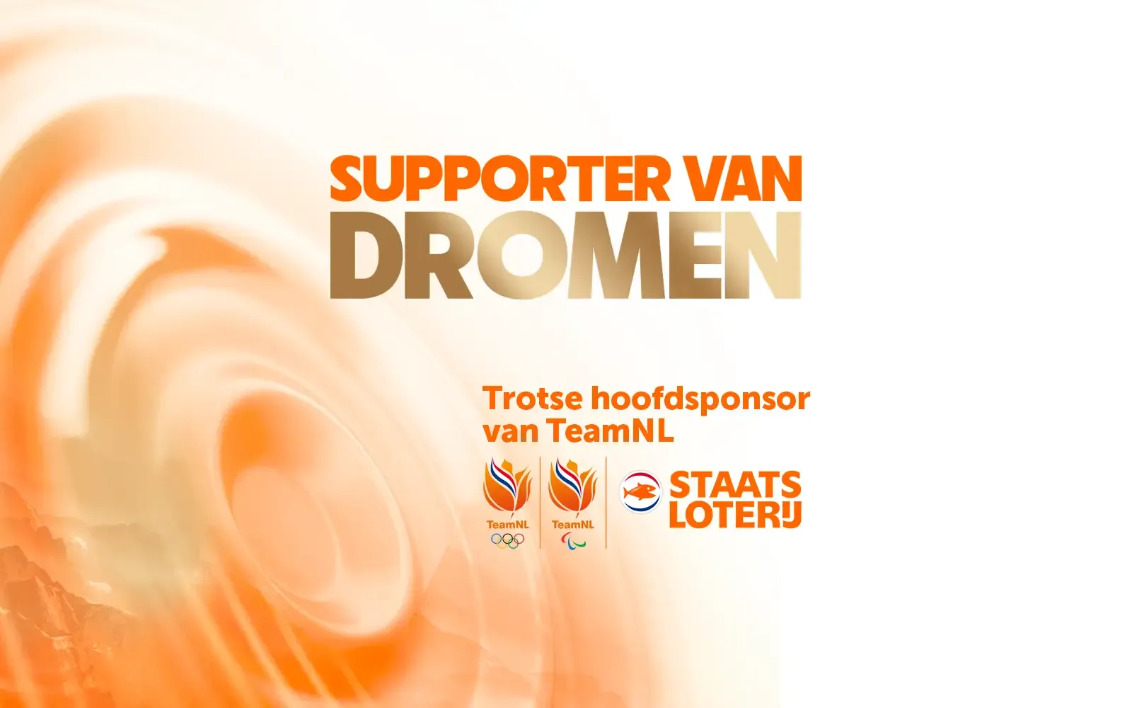 Tekeningen van logo's en tekst 'Supporter van Dromen' met vermelding van Staatsloterij als hoofdsponsor van TeamNL