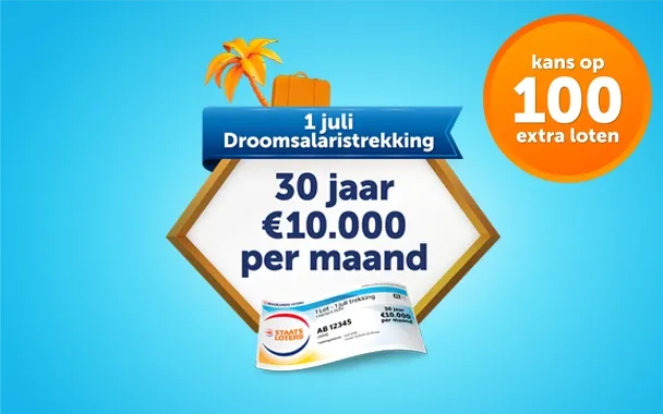 Aankondiging van 1 juli Droomsalaristrekking met prijzen van 30 jaar €10.000 per maand en kans op 100 extra loten.