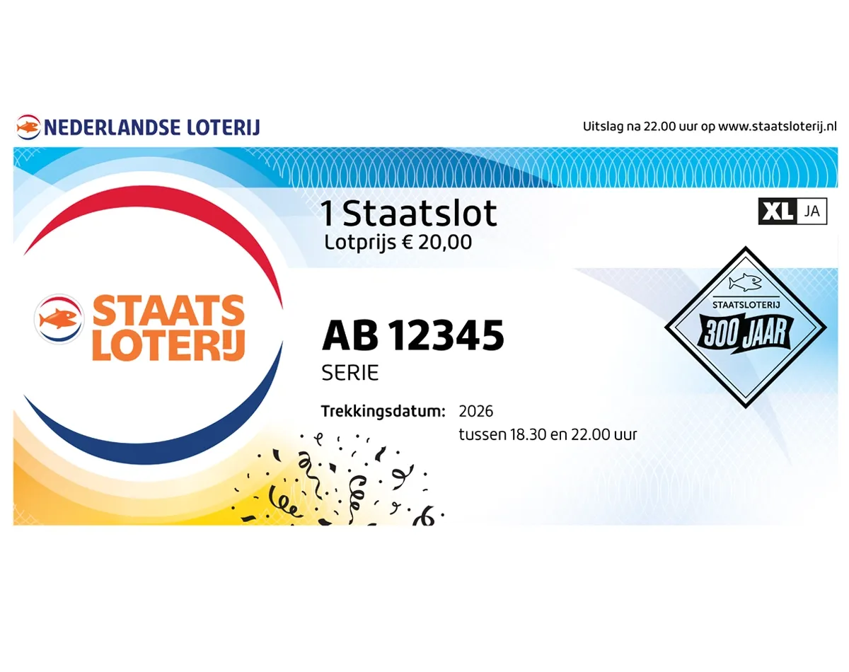 Afbeelding van 1 Staatslot met lotprijs € 20,00 en trekdatum in 2026.