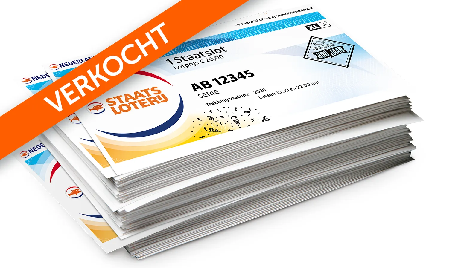 Stapels Staatsloten met de tekst 'VERKOCHT' in oranje
