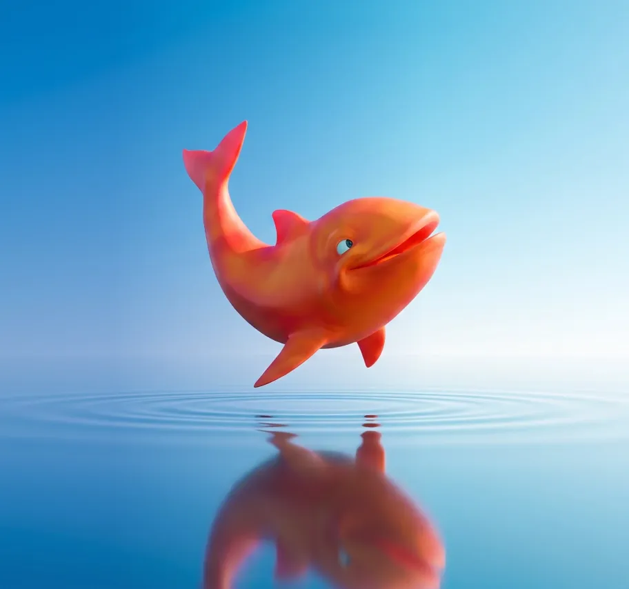Oranje dolfijn die door het water springt met een blauwe lucht op de achtergrond.