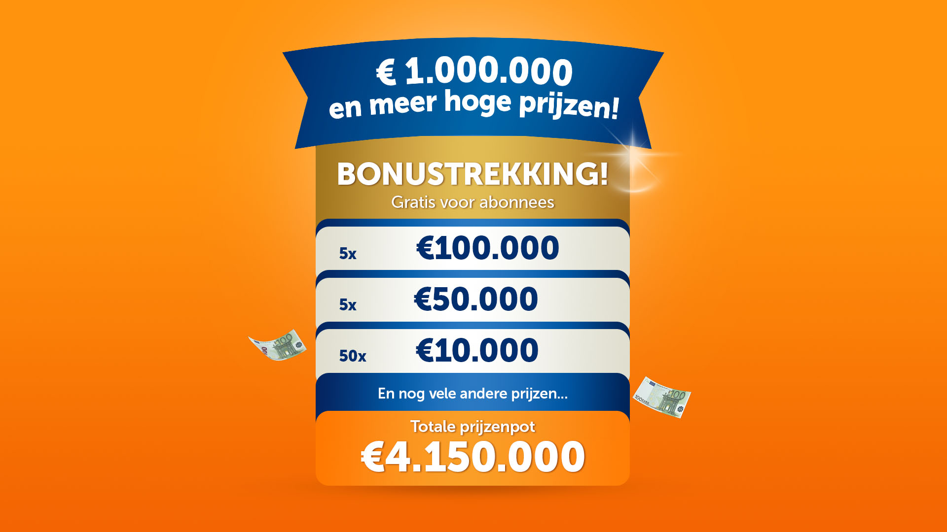 Afbeelding van Bonusrekking met prijzen van €100.000, €50.000 en €10.000, totale prijzenpot €4.150.000
