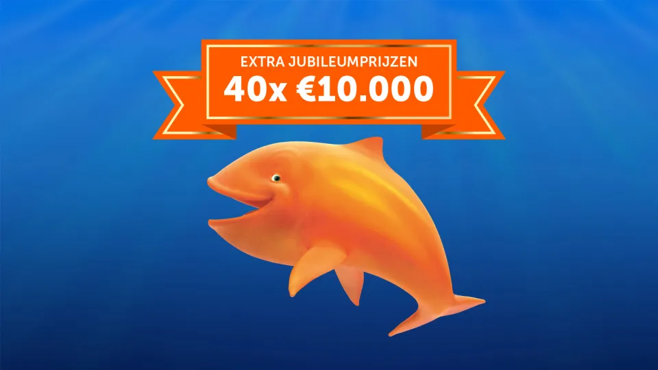 Oranje vis met tekst over extra jubileumprijzen: 40x €10.000