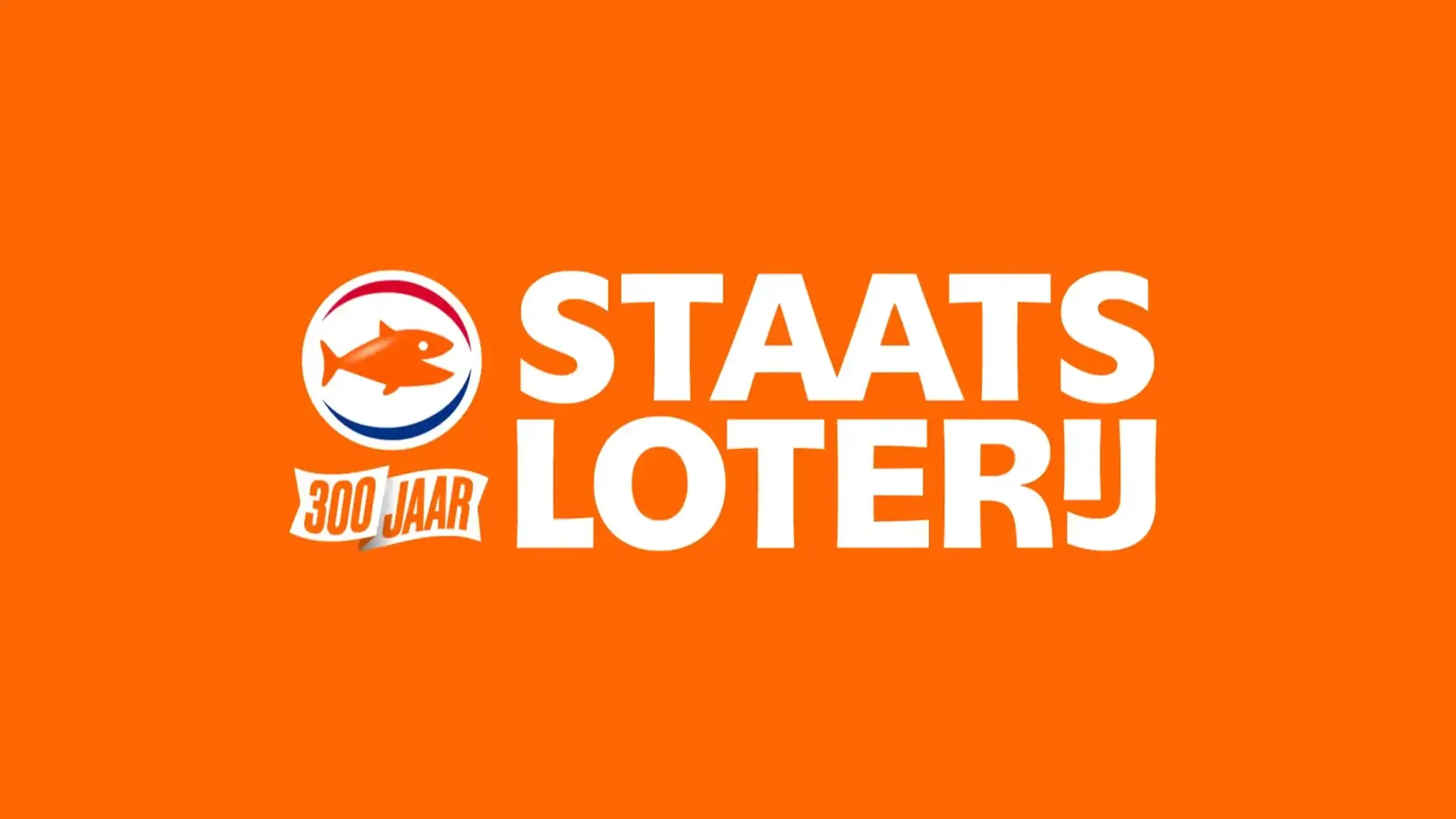 Logo van Staatsloterij ter ere van 300 jaar met oranje achtergrond.