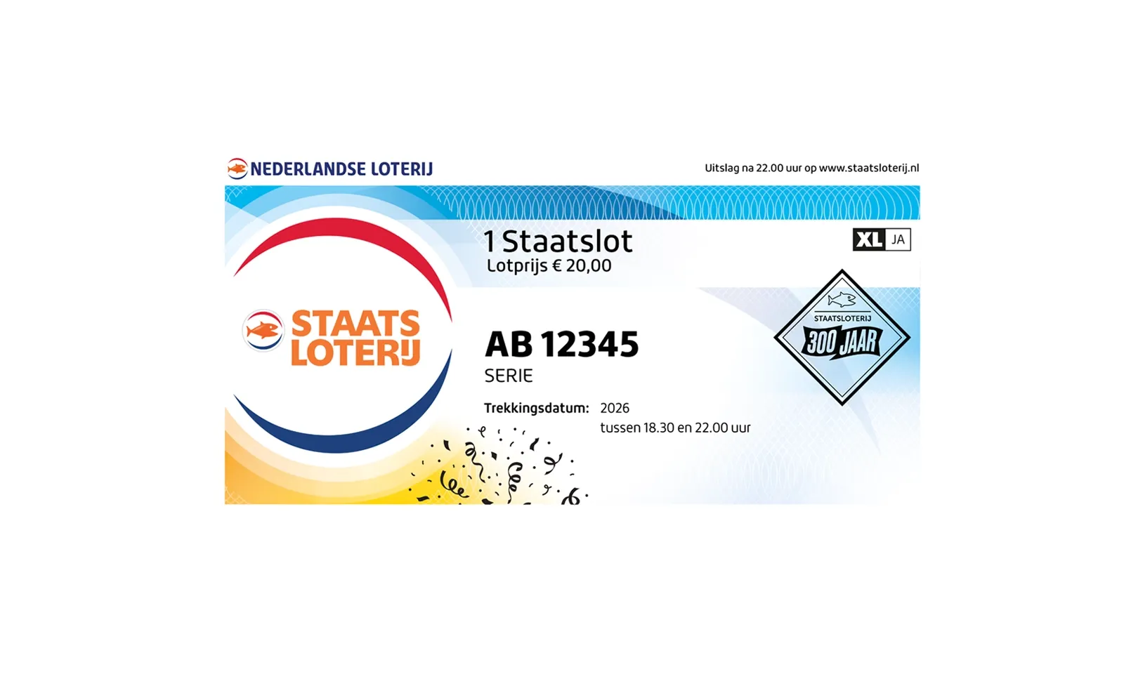 Afbeelding van een 1 Staatslot met serienummer en trekkingsdatum.