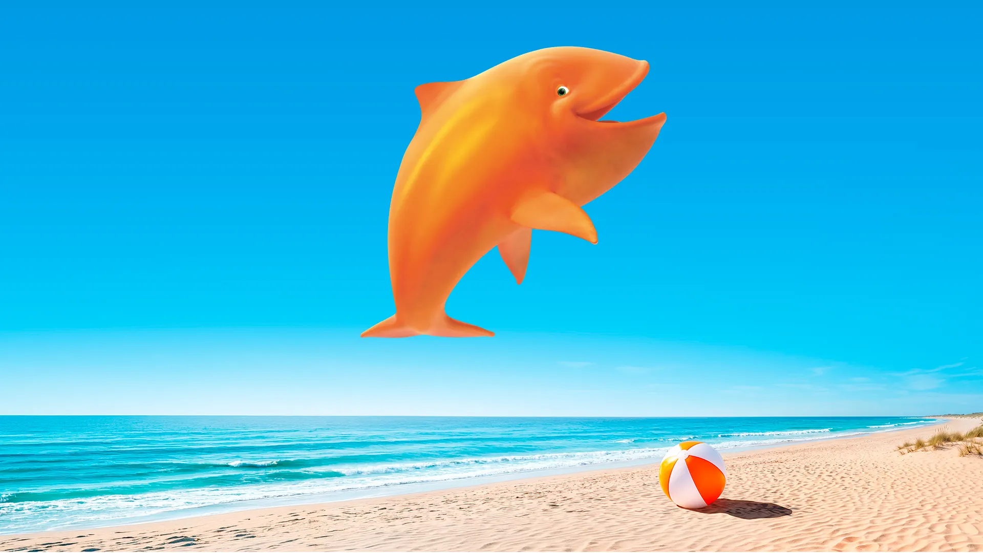 Een grote oranje dolfijn springend boven het strand met een strandbal.