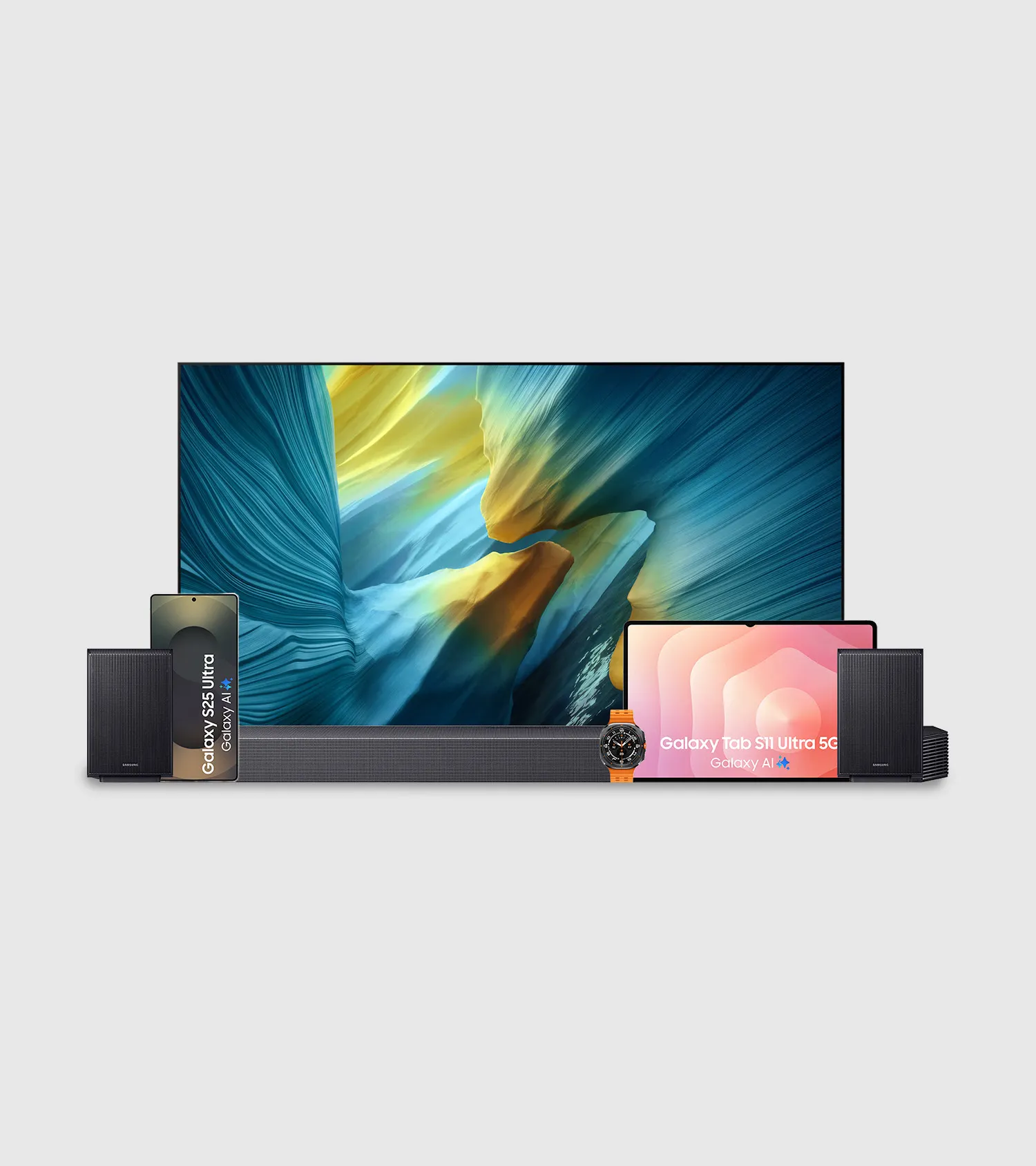 Een TV met een kleurrijke achtergrond en verschillende gadgets zoals smartphones, een tablet, een smartwatch en speakers.