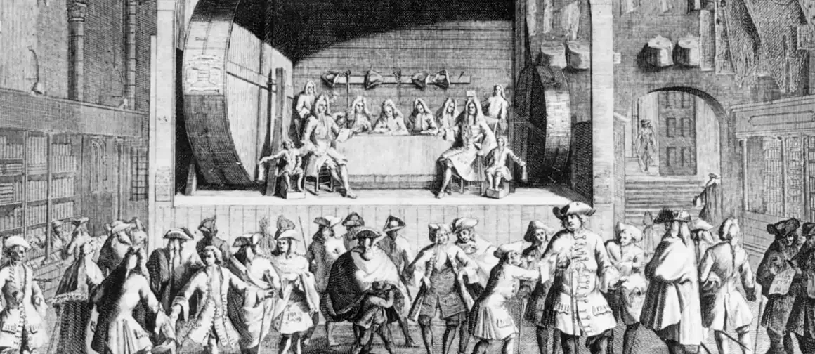 Een historische afbeelding van een loterijtrekking met een podium en deelnemers in oude kleding.