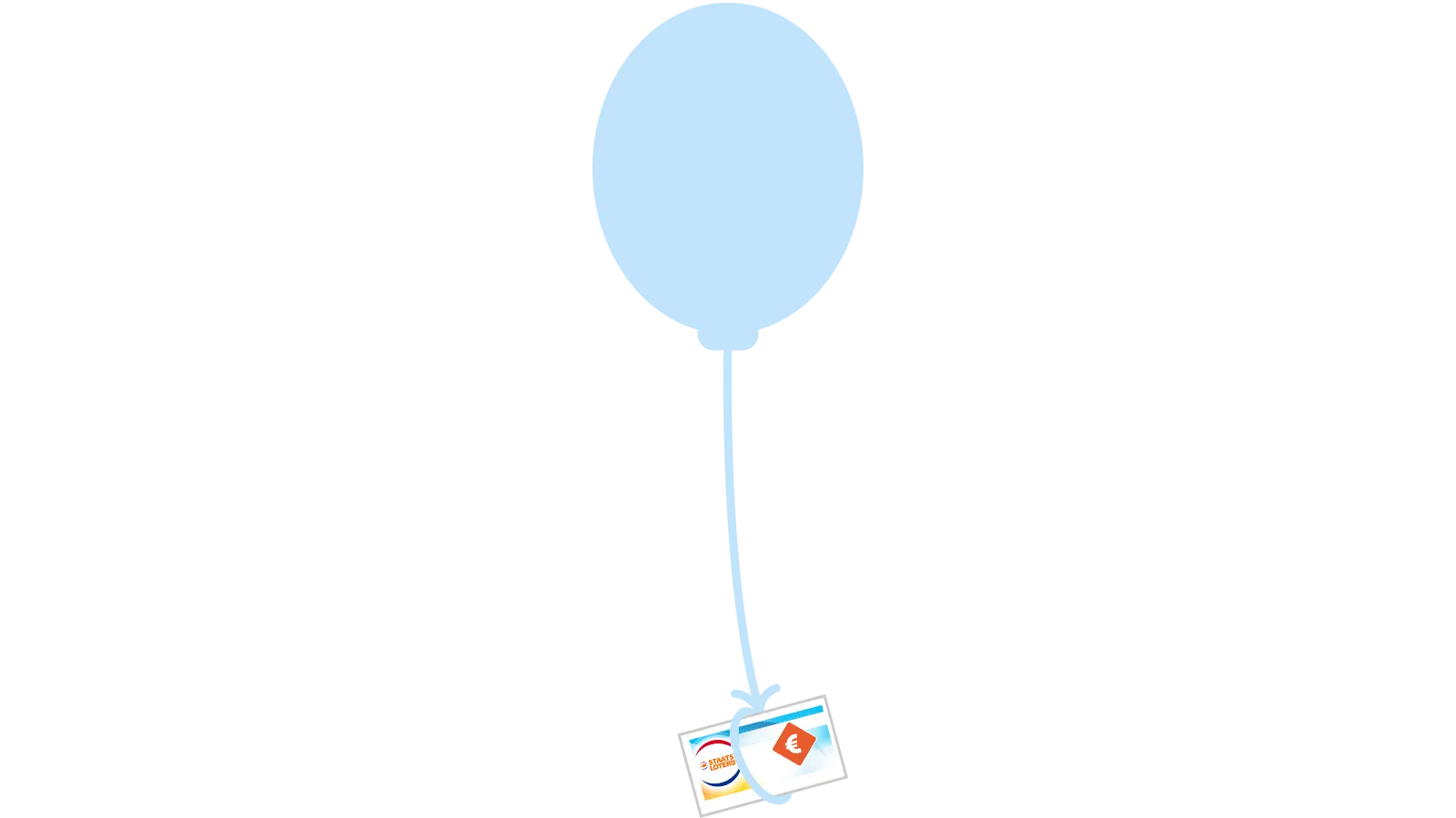 Lichtblauwe ballon met onderaan een verbinding naar een Staatsloterij ticket en een geldsym bool.