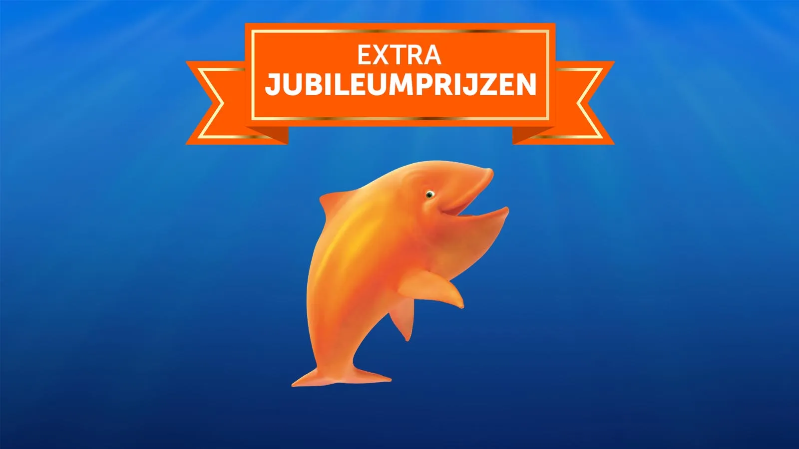 Een vrolijke oranje dolfijn met de tekst Extra Jubileumprijzen ernaast.