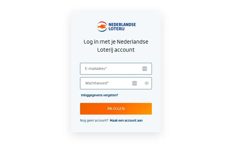Inlogscherm van Nederlandse Loterij met velden voor e-mailadres en wachtwoord.