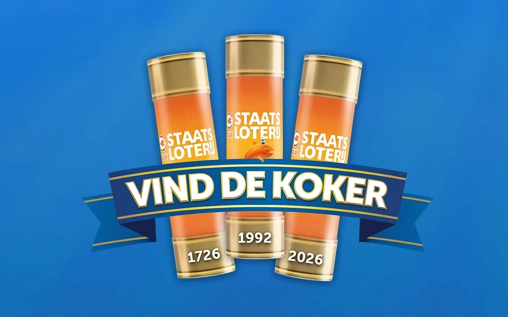 Drie kokerloten met de tekst 'Vind de Koker' en jaartallen 1726, 1992, 2026 op een blauwe achtergrond.