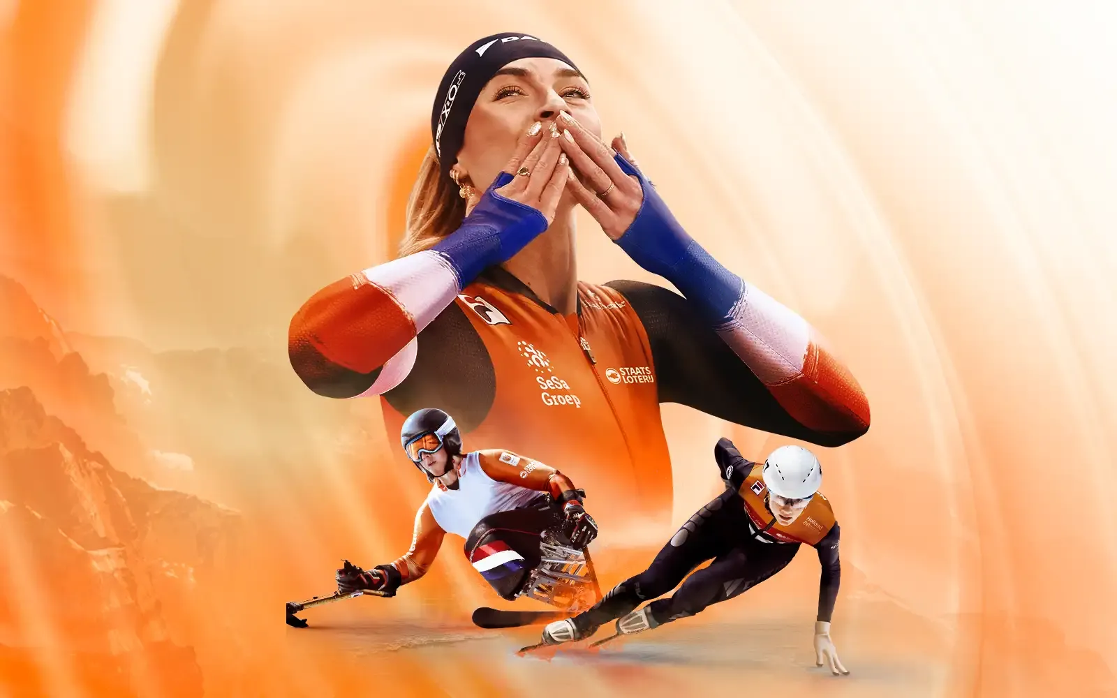 Drie atleten in oranje sportoutfits die verschillende sporten beoefenen, met een abstracte oranje achtergrond.