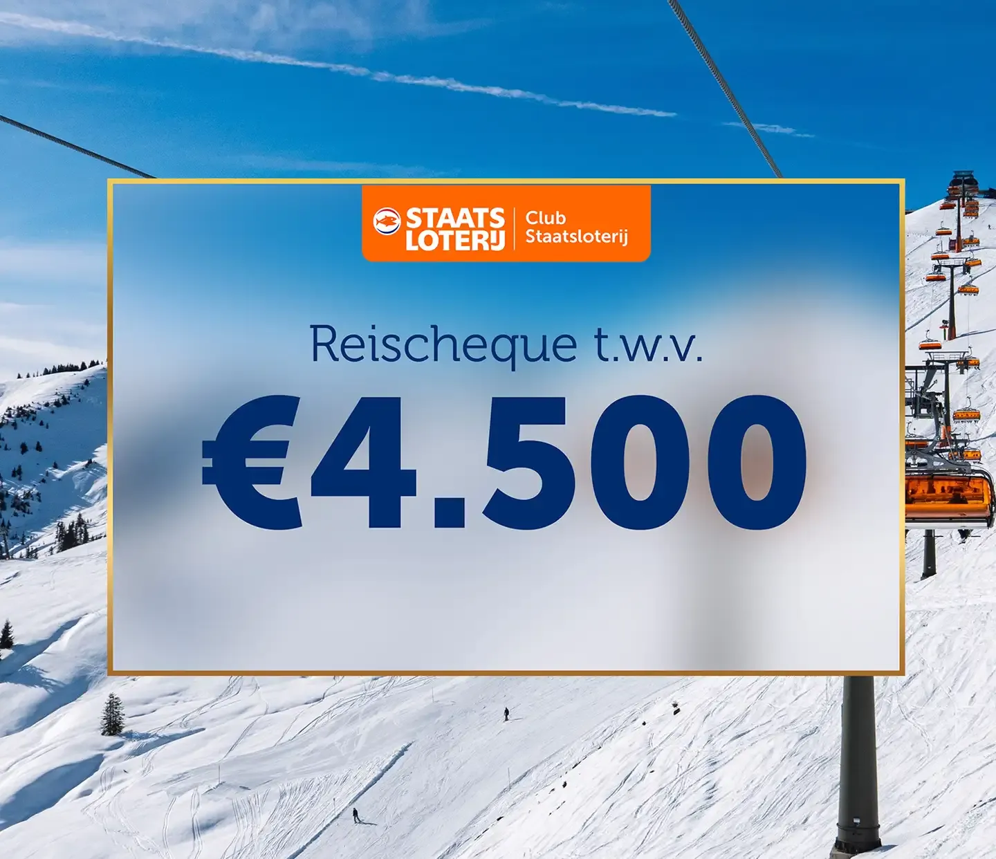 Reischeque ter waarde van 4500 op een achtergrond van een sneeuwlandschap.