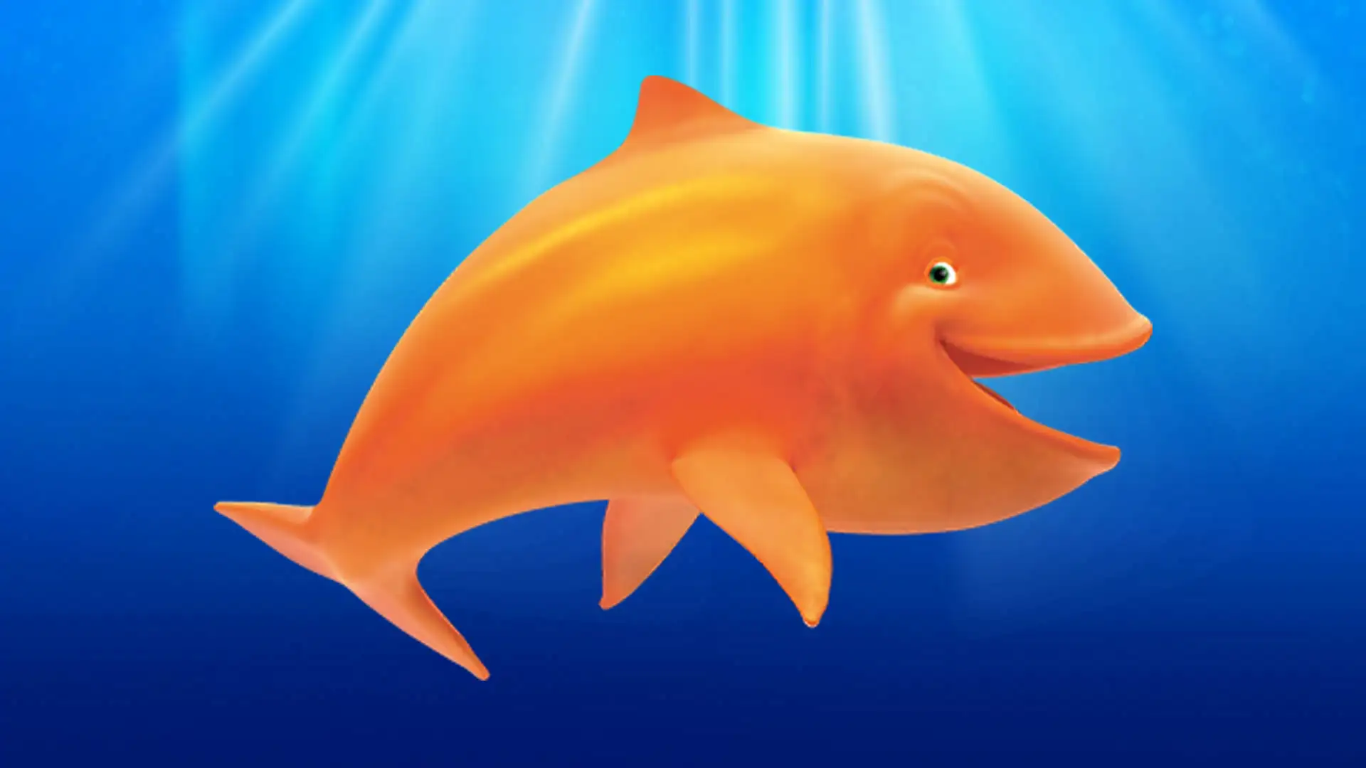 Vrolijke oranje dolfijn in blauwe oceaan