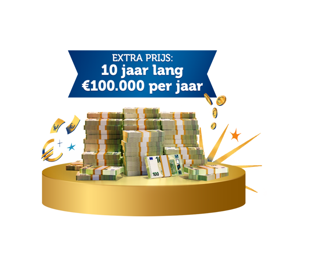 Extra prijs van 10 jaar lang €100.000 per jaar met een stapel geld