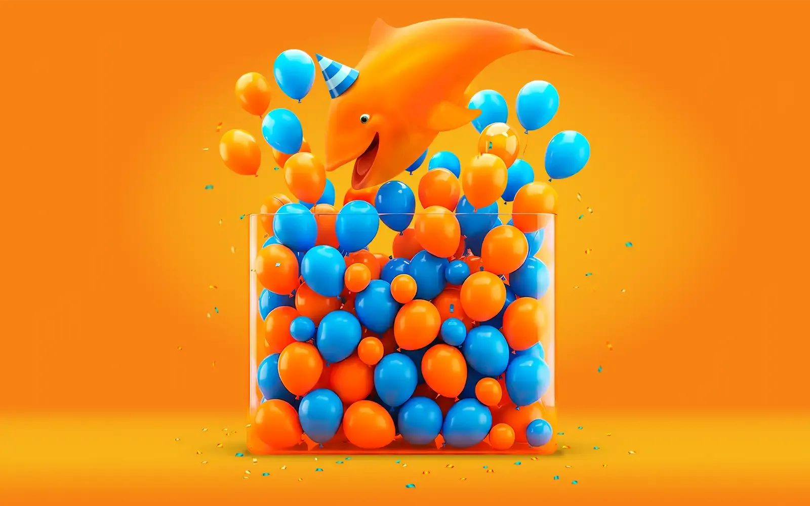 Een vrolijke oranje vis springt uit een transparante container vol met blauwe en oranje ballonnen.