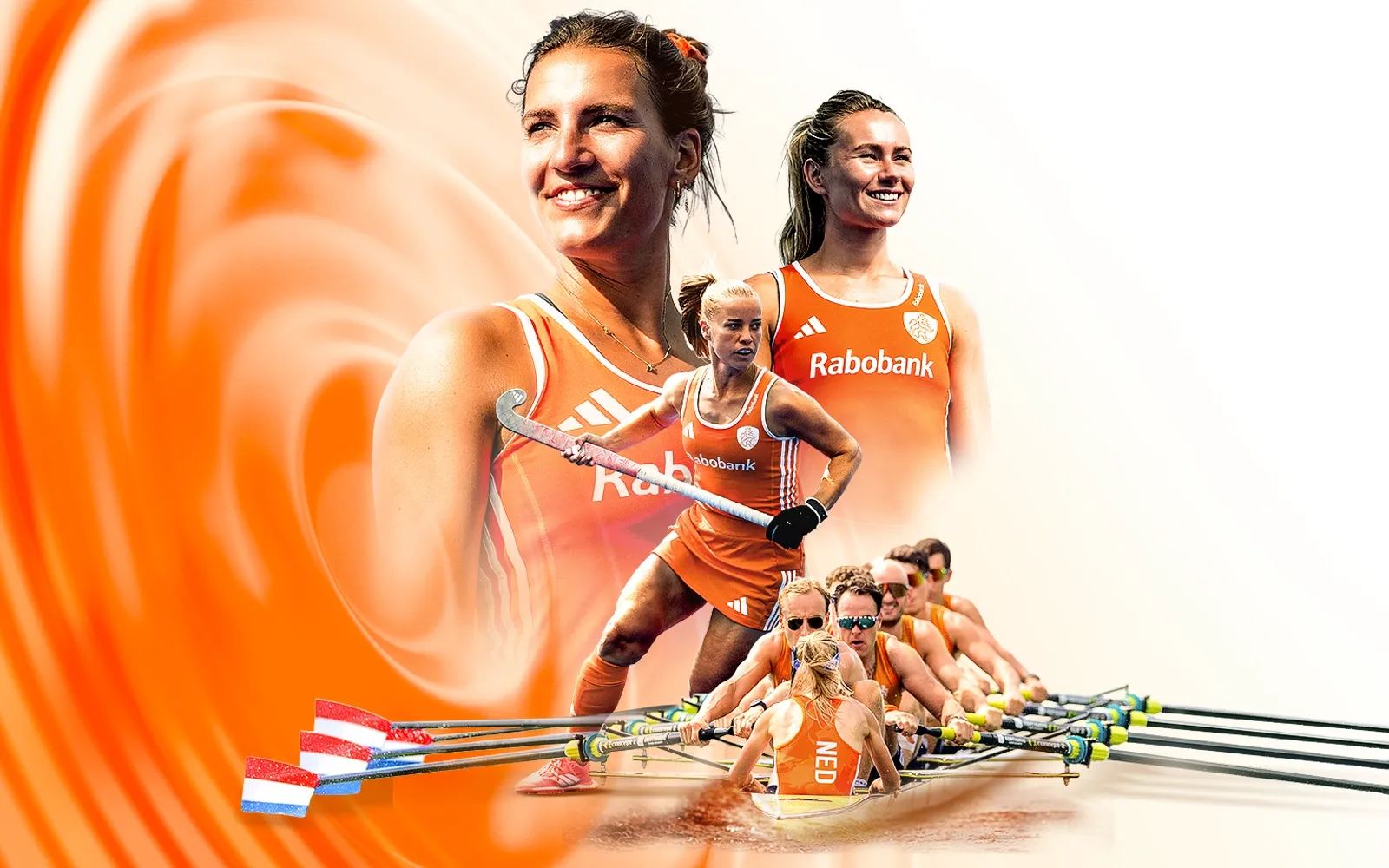 Sportieve atleten in oranje kleding met hockeysticks en roeiboten.