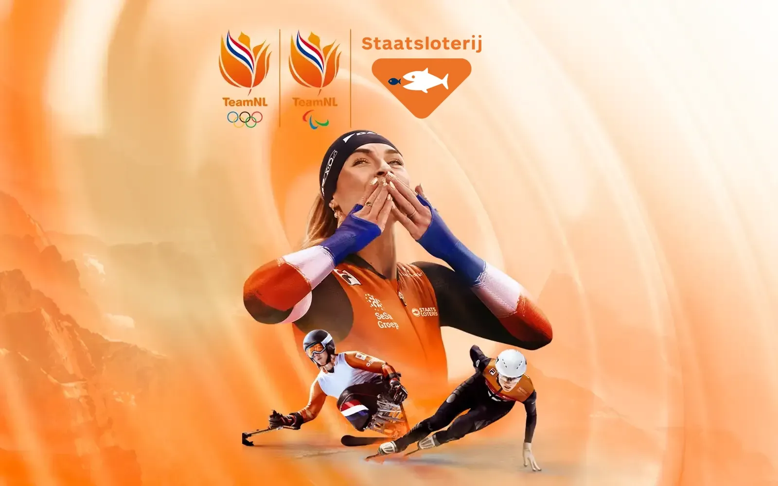 Sportieve afbeelding met atleten van TeamNL in oranje, waaronder een schaatser en een ijscricketer, met Staatsloterij logo.