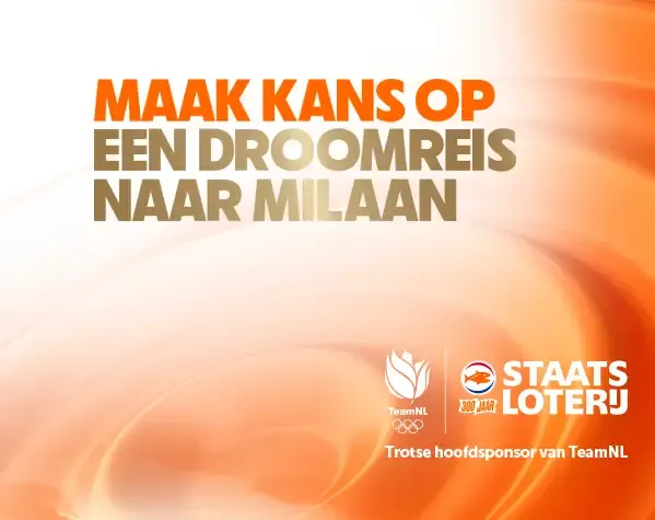 Banner met tekst 'Maak kans op een droomreis naar Milaan' en logo's van TeamNL en Staatsloterij.