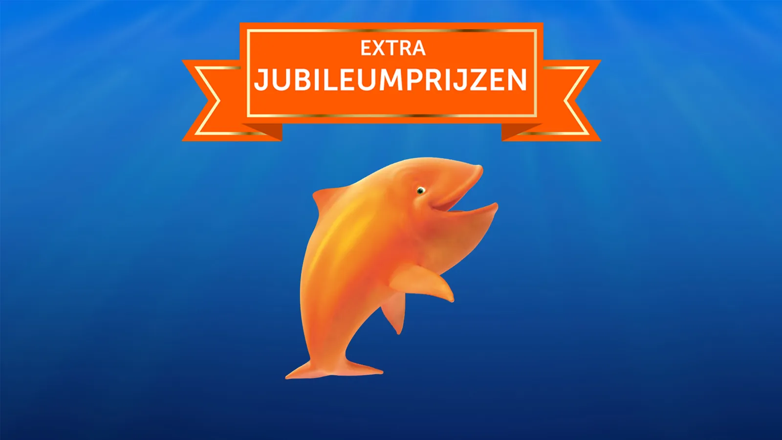 Oranje vis met tekst 'EXTRA JUBILEUMPRIJSEN'